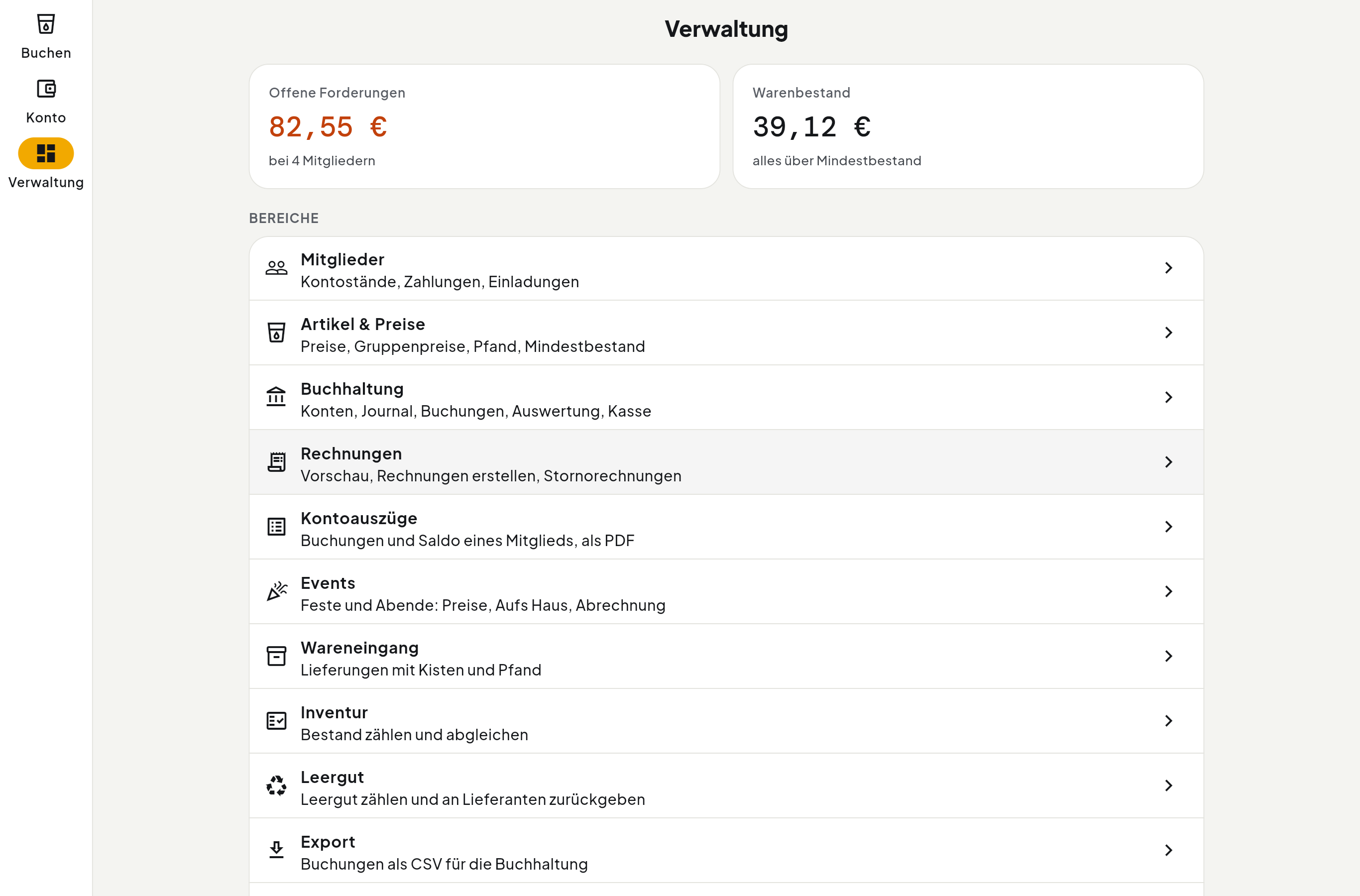 Verwaltung im Browser: offene Forderungen, Warenbestand und alle Bereiche