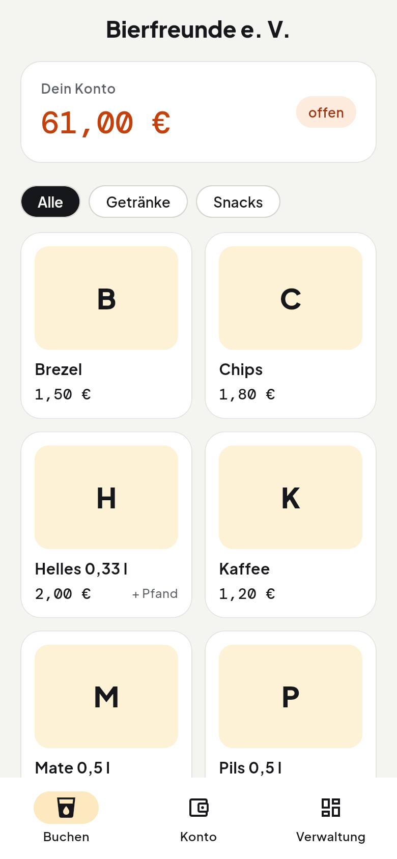 Buchen am Handy: Kontostand und Artikelkacheln